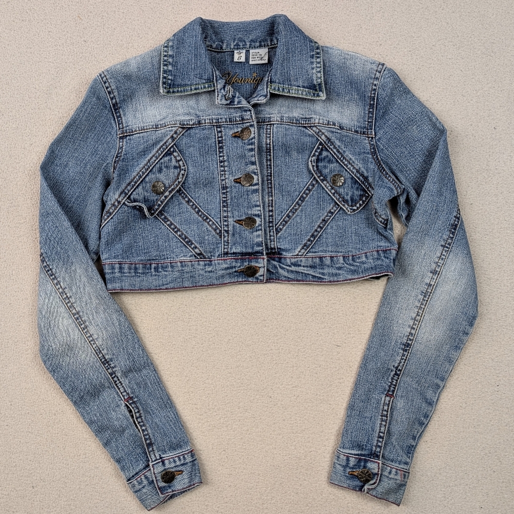 Younique Vtg Y2K Cropped Light Wash Denim Long Sleeve Jean Jacket Juniors Size S